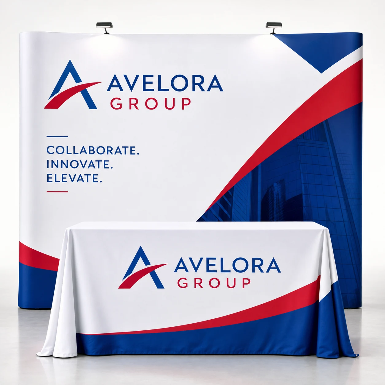 Trade show displays & table throws — fictional-brand sample