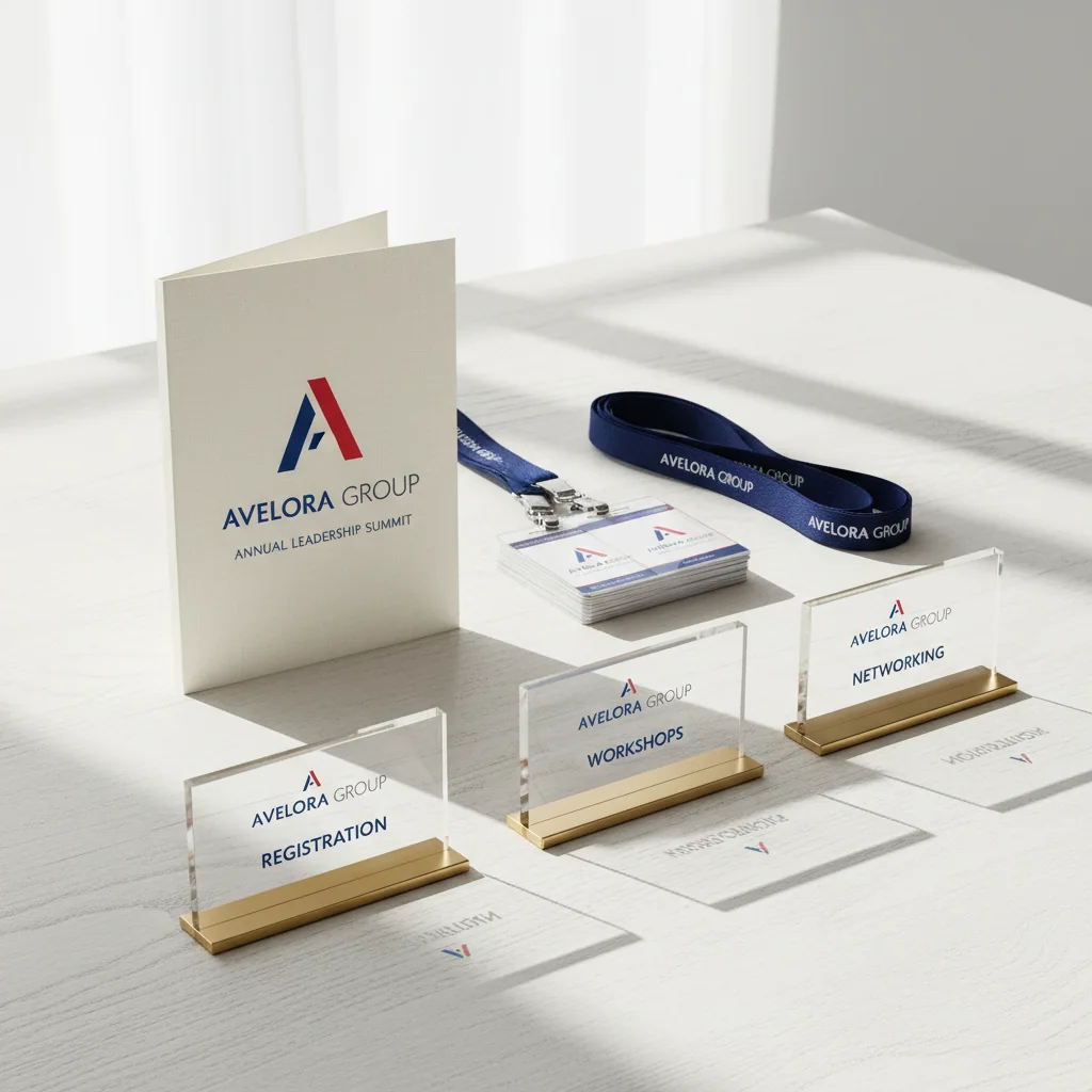 Programs, badges & event signs — fictional-brand sample