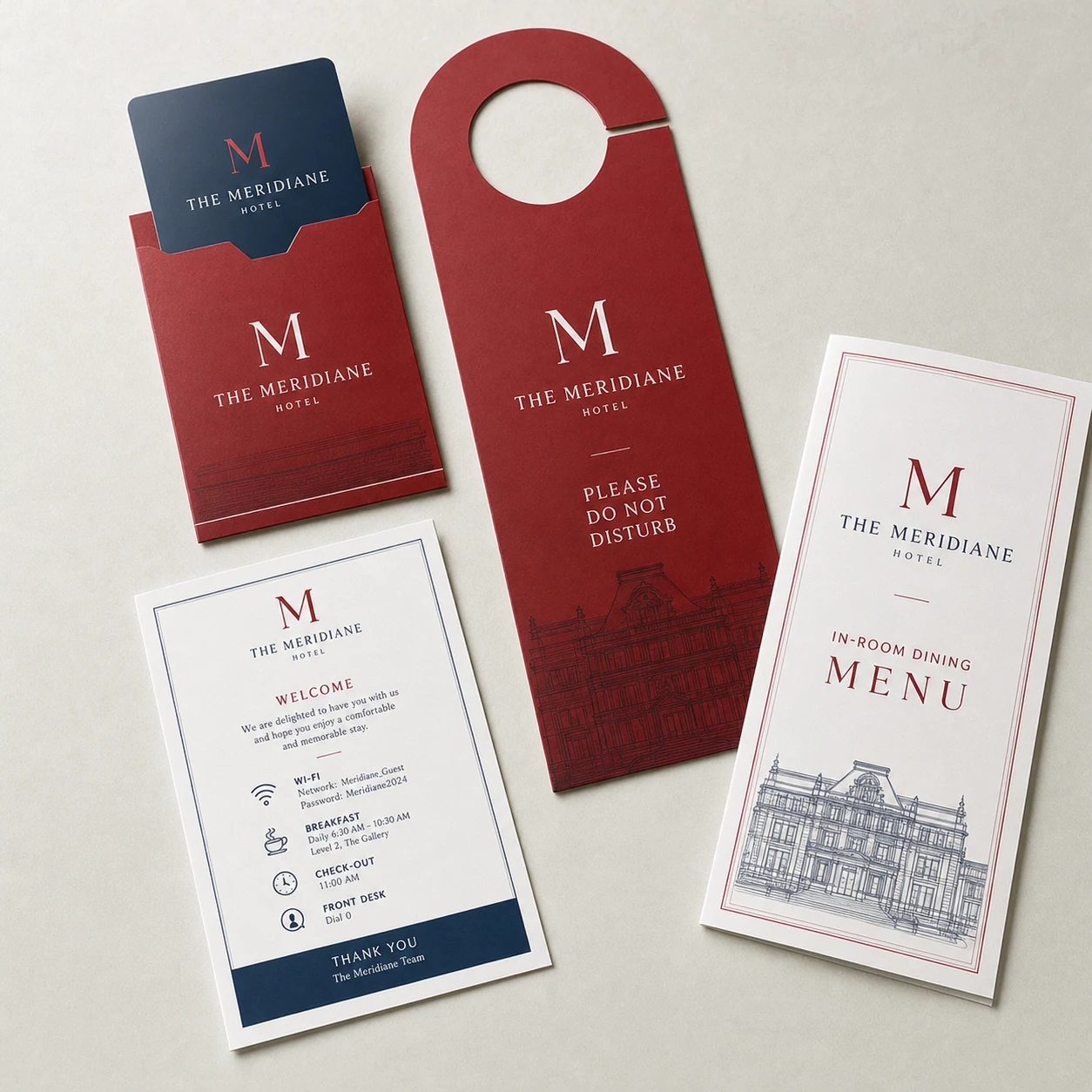 Hotel key sleeves & guest materials — fictional-brand sample