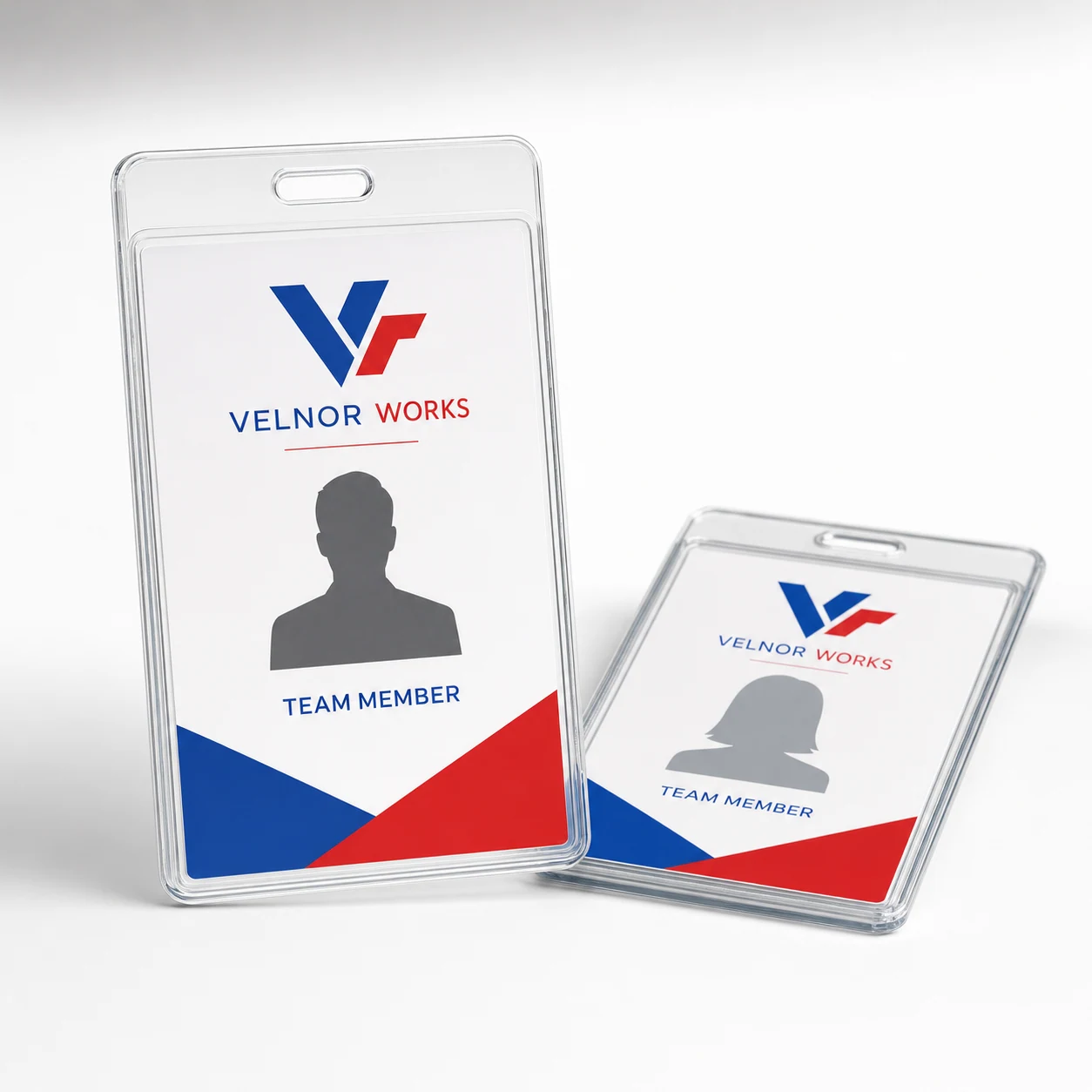Employee ID badges — fictional-brand sample