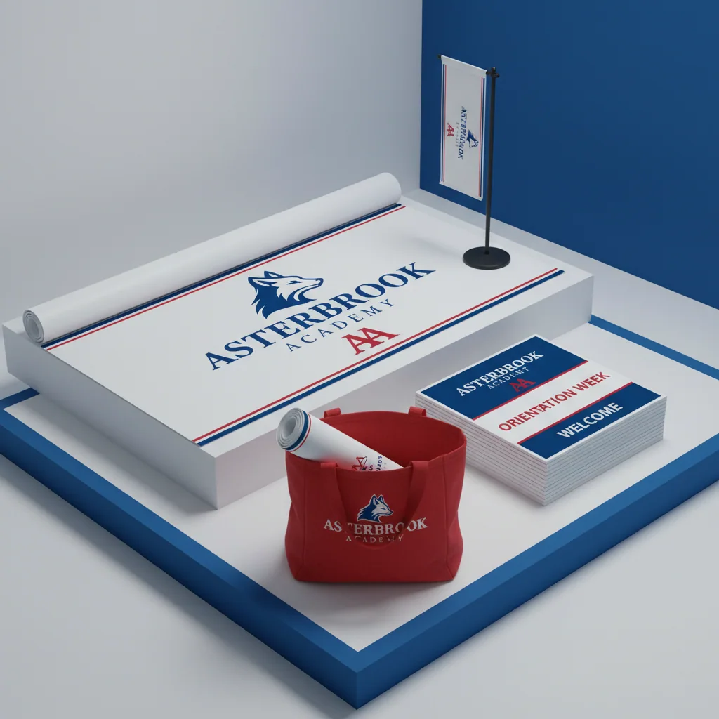 Campus banners & signage — fictional school & mascot sample