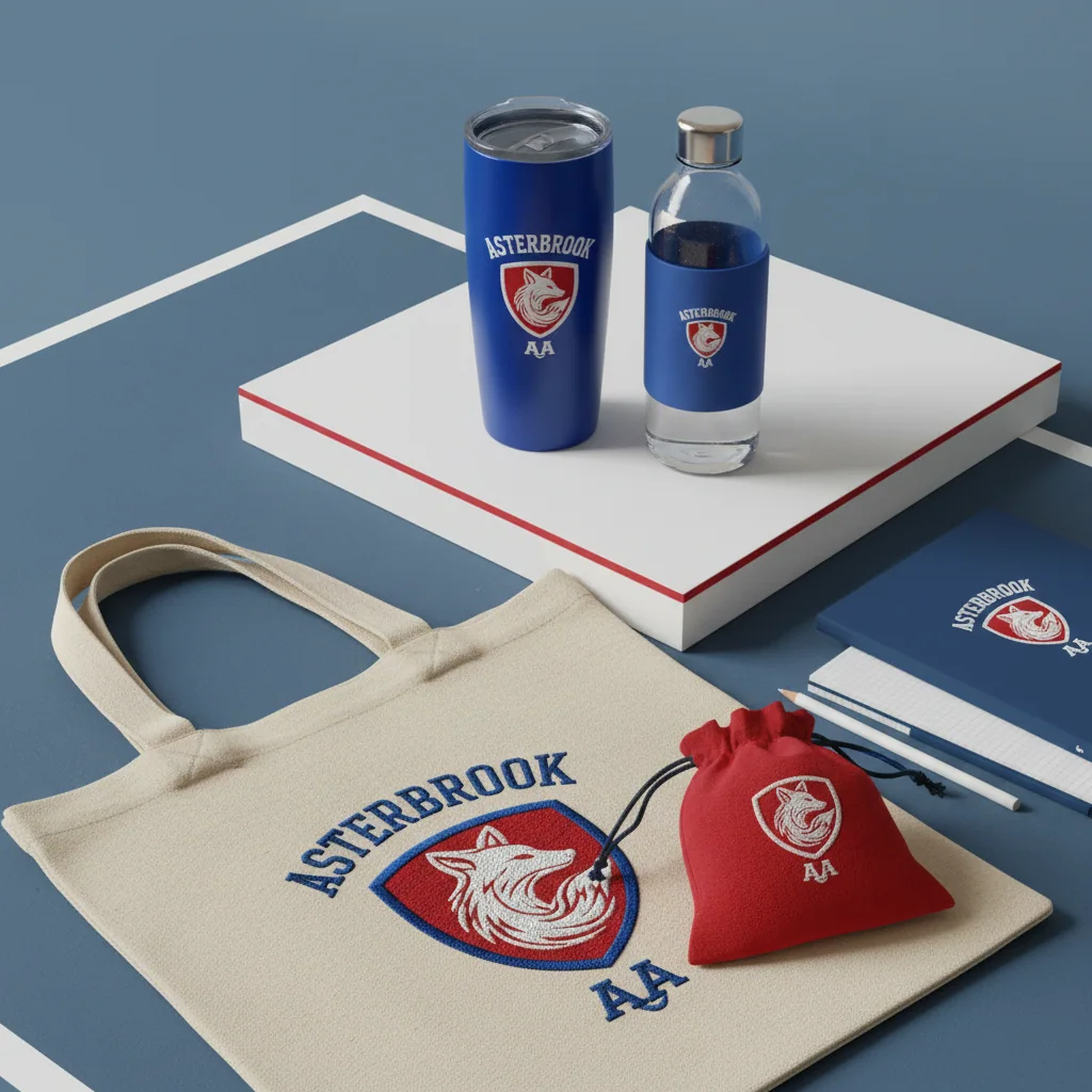 Drinkware & tote bags — fictional school & mascot sample