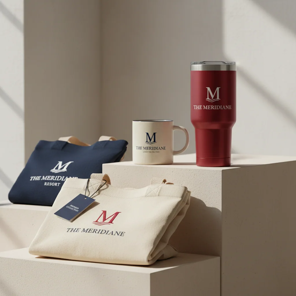 Drinkware & tote bags — fictional property sample