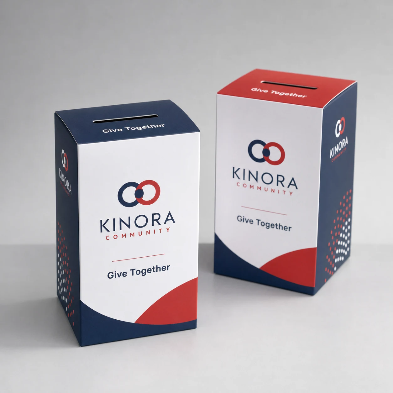 Donation collection boxes — fictional-brand sample