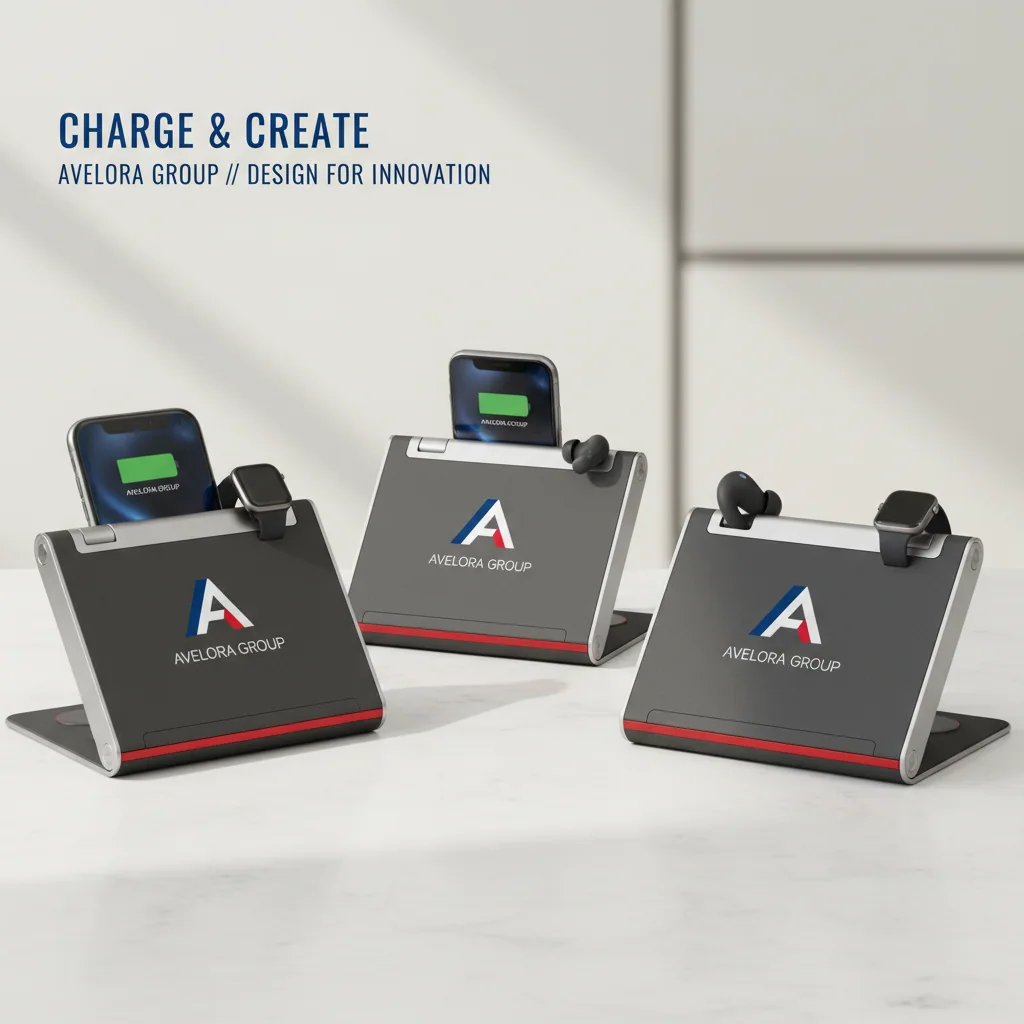 3-in-1 folding charging stations (phone/watch/earbuds) — fictional-brand sample