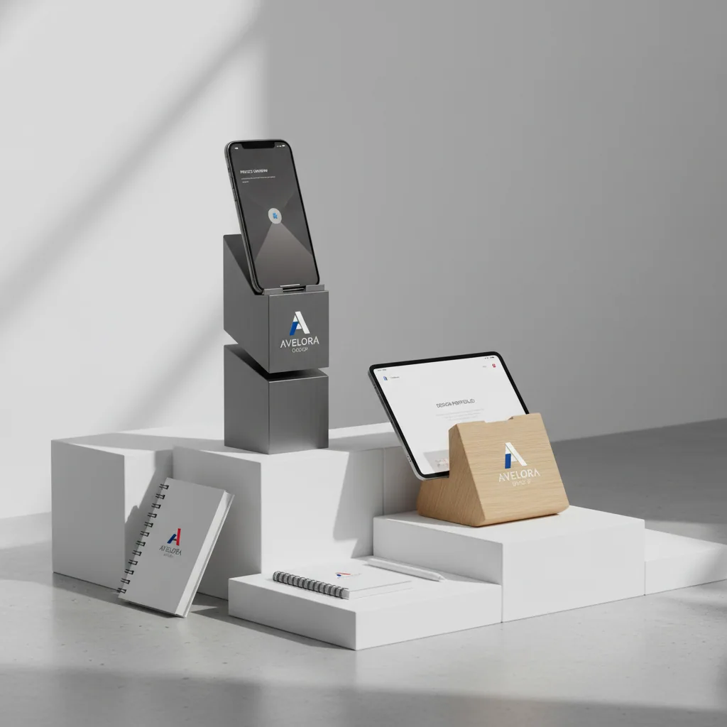 Phone stands / desk holders — fictional-brand sample